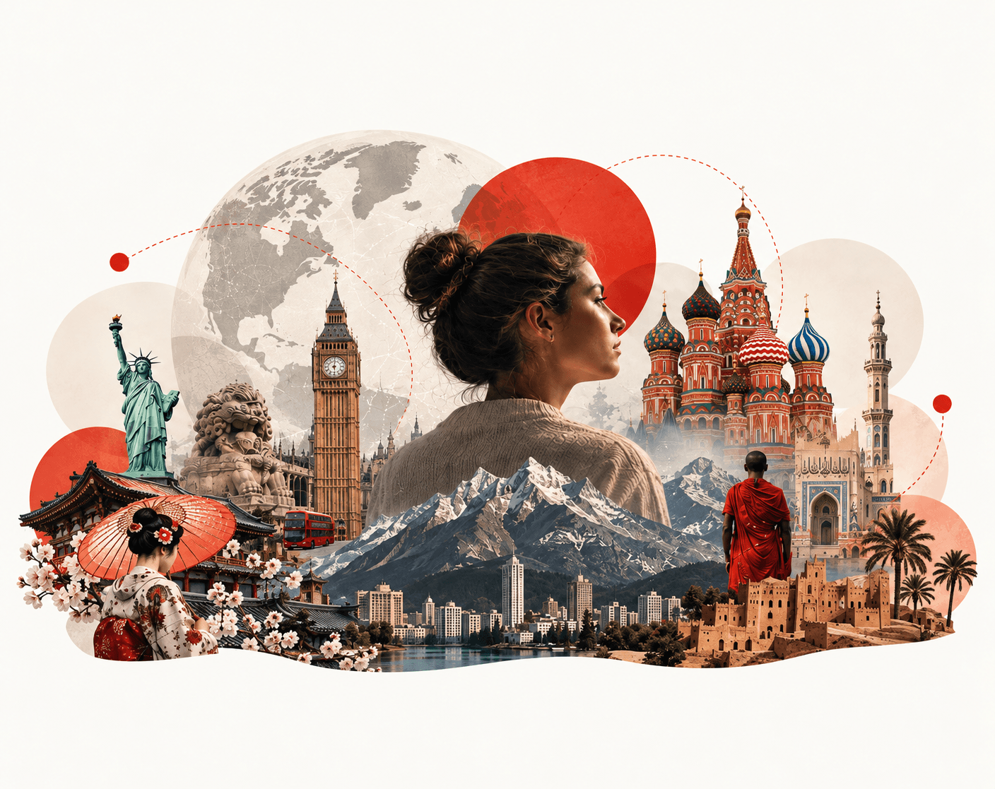 A collage of landmarks and faces from around the world